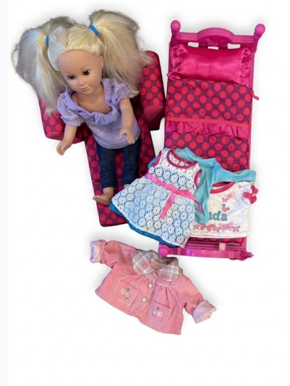 18" Doll Playset Lot: Doll, Bed Frame, Convertible Chair & Clothes